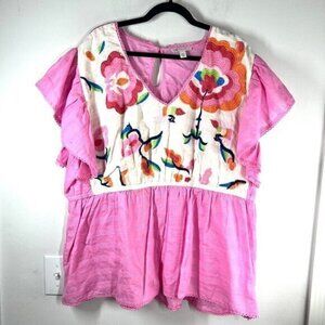 Cato Top Women 26 Cotton Embroidered Floral Boho Ruffle Sleeve Babydoll Blouse